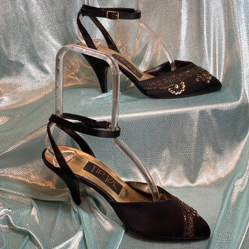 Vintage‎ 80’s black satin pumps with ankle strap leather soles 3 size 7m